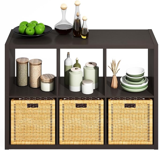 Furinno HERMITE Kitchen Island, 6-Cube Coffee Bar, Extra Thick Kitchen Storage, Bakers Rack, for Pantry Organizers and Storage, Kitchen Organization, Black Dark Oak