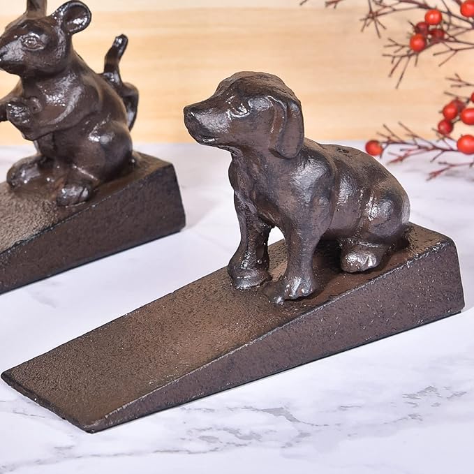 Sungmor Heavy Duty Cast Iron Dog Door Stops | Decorative Cute Animal Statue Metal Door Stopper Wedge with Non-Slip Mat | Solid & Antique Style Windproof Door Holder for Patio Yard Garden Farmhouse