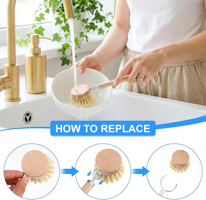 9pcs Bamboo Dish Brush Set Wooden Dish Brush with 14’’ Bottle Brush Natural Kitchen Scrub Brush Dish Scrubber for Kitchen Cleaning Dishes Pans Bottles Sink Vegetables Household