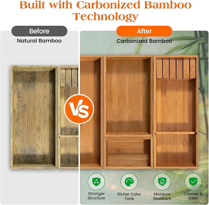 Carbonized Bamboo Kitchen Silverwar Drawer Organizer,14.2 inch Length Natural Utensil Flatware Organizers Tray Storage for Spoons Forks & Knives