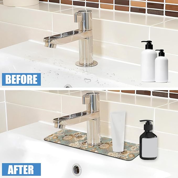 Sink Splash Guard Faucet Mat Peonies Bird and Butterflies Absorbent Fast Drying Mat Sink Gadgets Splash Guard Behind Faucet Drip Catcher for Kitchen Bathroom 15.5"X5.5"
