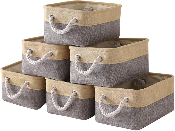 Sacyic Fabric Storage Baskets for Organizing(6 Pack) Small Baskets for Shelves,storage, Laundry, Nursery, Closets, Decorative Baskets for Gifts Empty (Grey & gold, 11.8” x 7.8” x 5.1”)