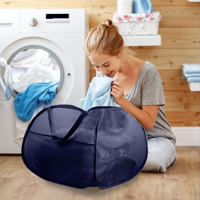 2 Pack Collapsible Foldable Laundry Baskets, 90L Large Durable Mesh Pop Up Hampers for Bedroom, Bathroom, Dorm, Laundry Room, Travel - Navy