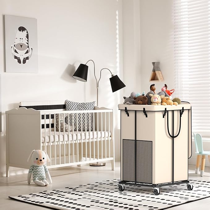 Large Laundry Hampers with Lid, Oxford Fabric Laundry Hampers, Metal Frame and Removable Bag Design with Wheels, Suitable for Bedroom, Bathroom, Dorm Room, Laundry Room (White with Lid)
