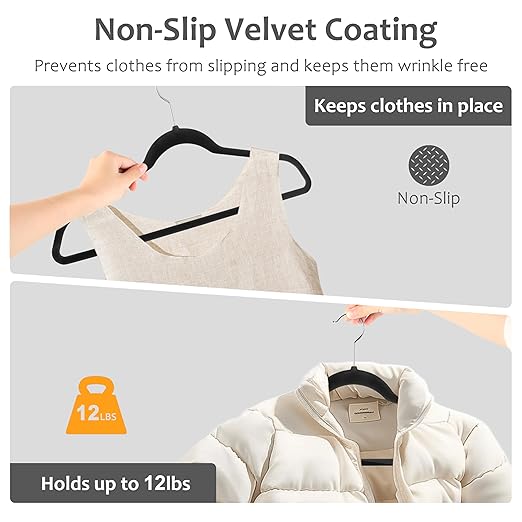 Whitmor Premium Velvet Hangers 50 Pack, Heavy Duty & Non-Slip Hangers with 360° Swivel Hooks, Space Saving Hanger, Durable Closet Organizers for Coats, Pants, Dresses, Black