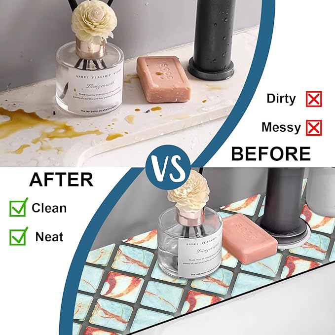 Rendering Marble Kitchen Sink Splash Guard Faucet Mat Blue Wall Tiles Super Absorbent Fast Drying Mat Sink Splash Guard Behind Faucet for Kitchen Bathroom, 23.5"x5.5"
