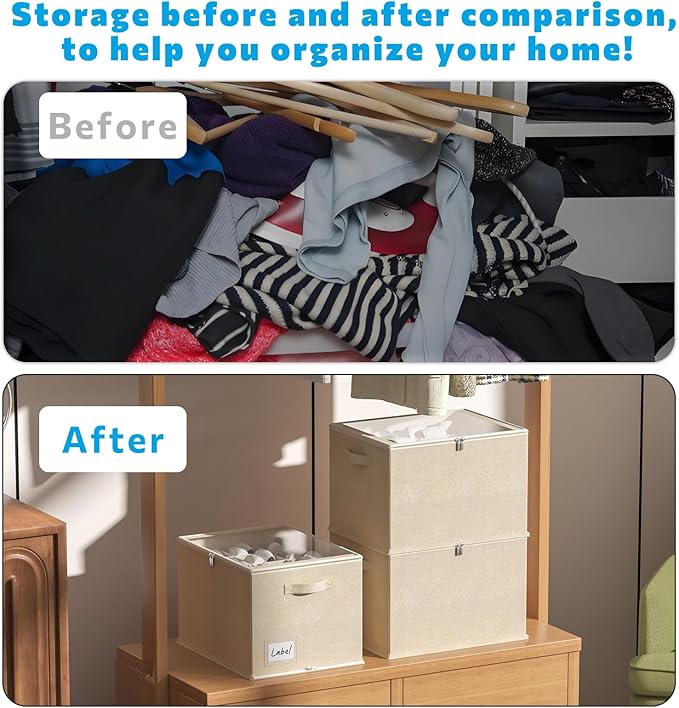 CYhom 2 Pack Shoe Organizer for Closet - Shoe Storage Bins with Clear Cover, Fabric Shoe Storage Containers with Reinforced Handles, Fits up to 24 Pairs (Beige, 16.5 * 12.6 * 12.2in)