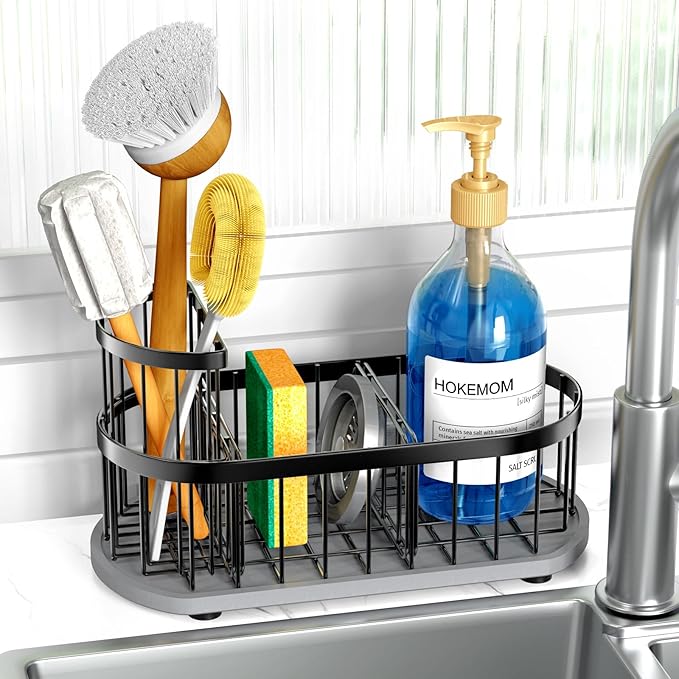LARGE Kitchen Sink Caddy Organizer,[FLEXIBLE PLACEMENT & FAST-DRYING] Sponge Holder for Kitchen Sink Countertop with High Brush Holder-Rustproof 304 Stainless Steel-9.84"L x 4.72"W x 5.83"H