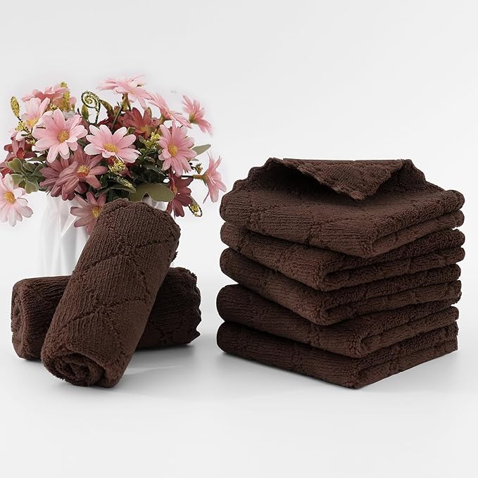 Homaxy 12 Pack Kitchen Dish Cloths (10 x 10 Inches, Brown), Super Soft and Absorbent Coral Velvet Dish Towels, Nonstick Oil Fast Drying Microfiber Cleaning Cloth, No Lint Household Dishcloths