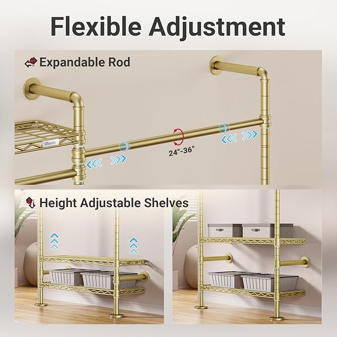 Timate F6 Wall Mounted Clothes Rack - Expandable Industrial Pipe Closet System, Heavy Duty Hanging Garment Rack, Closet Organizer & Storage Solution for Wardrobe, Bedroom,Walk-in Closets,Gold