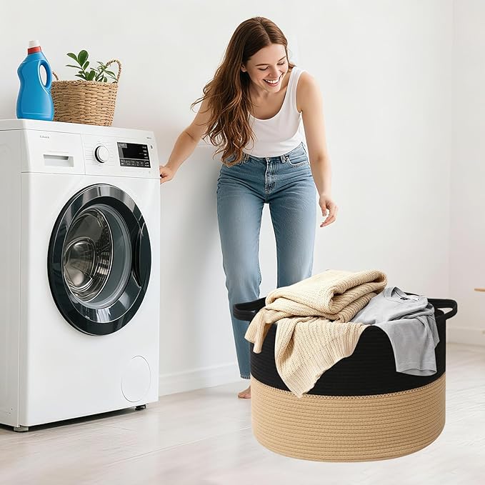 65L Large Blanket Basket,19.7" L x 19.7" W x 13" H Rope Woven Baskets with Handles, Toys Storage Bins,Laundry Basket Perfect for Living Room, Nursery,Bedroom,Home Organization,Black&Camel