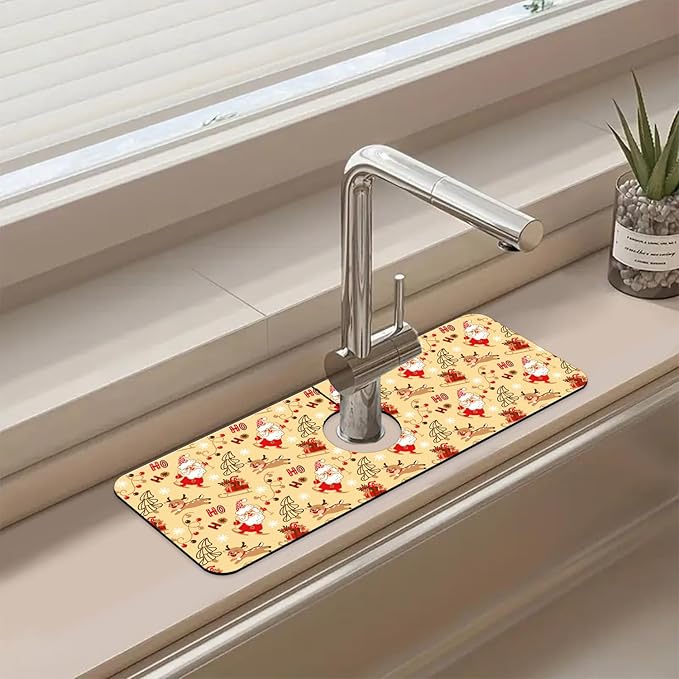 Chrismas Sink Splash Guard Faucet Mat Cute Christmas Absorbent Fast Drying Mat Sink Gadgets Splash Guard Behind Faucet Drip Catcher for Kitchen Bathroom 15.5"X5.5"