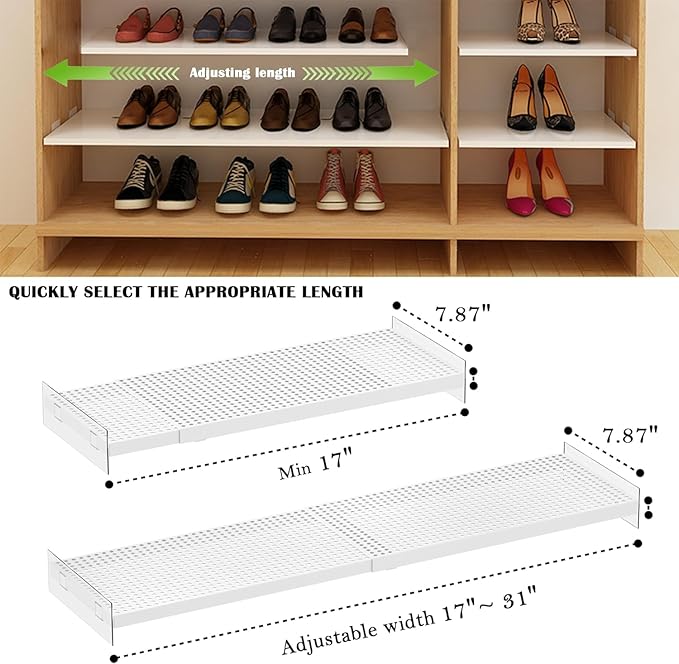 Expandable Closet Tension Shelves, 3 Packs Metal Storage Racks Organizer,DIY Perforated Dividers Separators for Cabinet Wardrobe Cupboard Kitchen (White,7.9" D x 17"-31" W,3PCS)