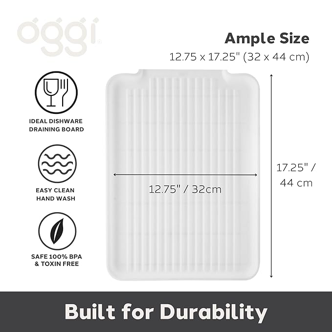 Oggi Dish Drain Board and Drying Rack Tray for Kitchen Counter, Plastic Drainboard with Raised Ridges, 12.75 x 17.25 inches - White
