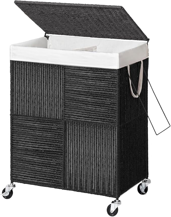 WOWLIVE Double Laundry Hamper with Lid, Handwoven Rolling Laundry Basket with Wheels, 115L Dirty Clothes Hamper with Removable Liner Bag Large Capacity Laundry Sorter Laundry Room Organization,Black
