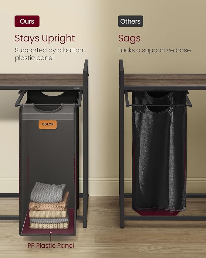 VASAGLE Laundry Hamper, Laundry Sorter Rolling Cart with Shelves, Small Side Pockets, 6 Labels, 3 Compartments, 39.6 Gal. (150 L), Ink Black and Ash Brown UBLH223BH01
