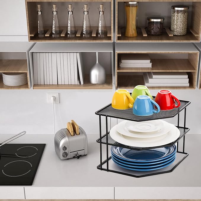 yarlung 3-Tier Cabinet Corner Shelf, 9x9x7.5 Inches Metal Wire Plate Rack Kitchen Counter Corner Organizer for Cups, Dishes, Cupboard, Pantry, Black Elegant Finish