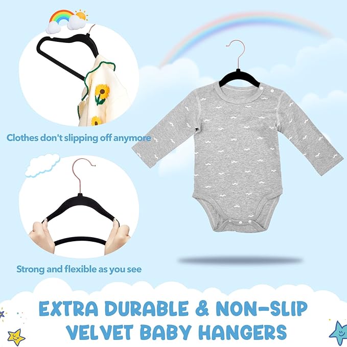 HOUSE DAY Velvet Baby Hangers for Closet, Kids Hangers Velvet 60 Pack, Non Slip Toddler Hanger 11.8 Inch, Durable Childrens Hanger for Newborn Baby Clothes- Black