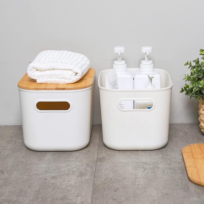 Citylife 2 PCS Storage Bins with Bamboo Lids Plastic Storage Containers for Organizing Stackable Storage Box with Handle, 10.23 x 7.08 x 6.3 inch