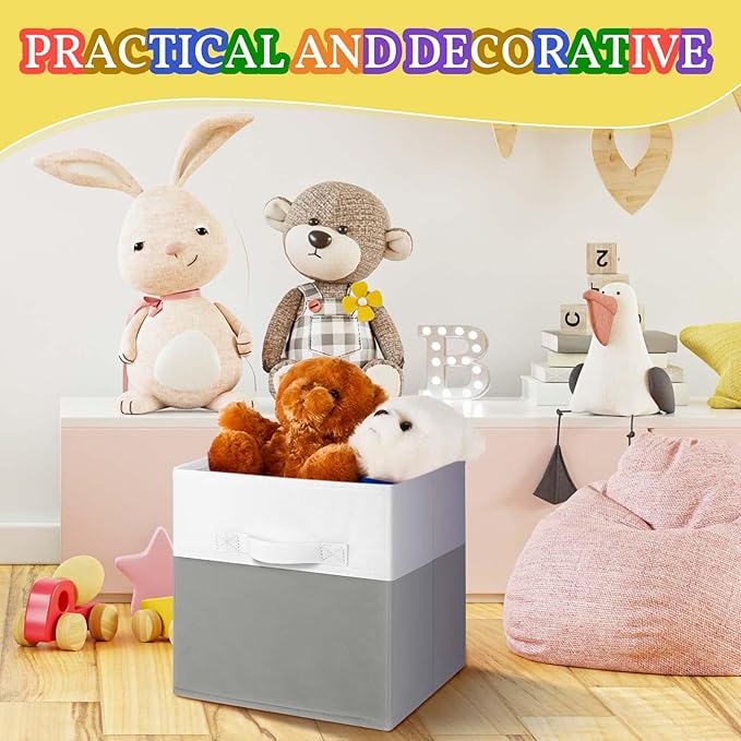 Yinder 6 Pcs Cube Storage Bin 11'' Storage Bins for Room Decor Colorful Bins Foldable Baskets for Nursery Organizer Boxes Fabric Boxes (White Gray)