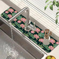 Lotus Pond Pattern Kitchen Sink Splash Guard Faucet Mat Lotus Flowers Leaves Super Absorbent Fast Drying Mat Sink Splash Guard Behind Faucet for Kitchen Bathroom, 23.5"x5.5"