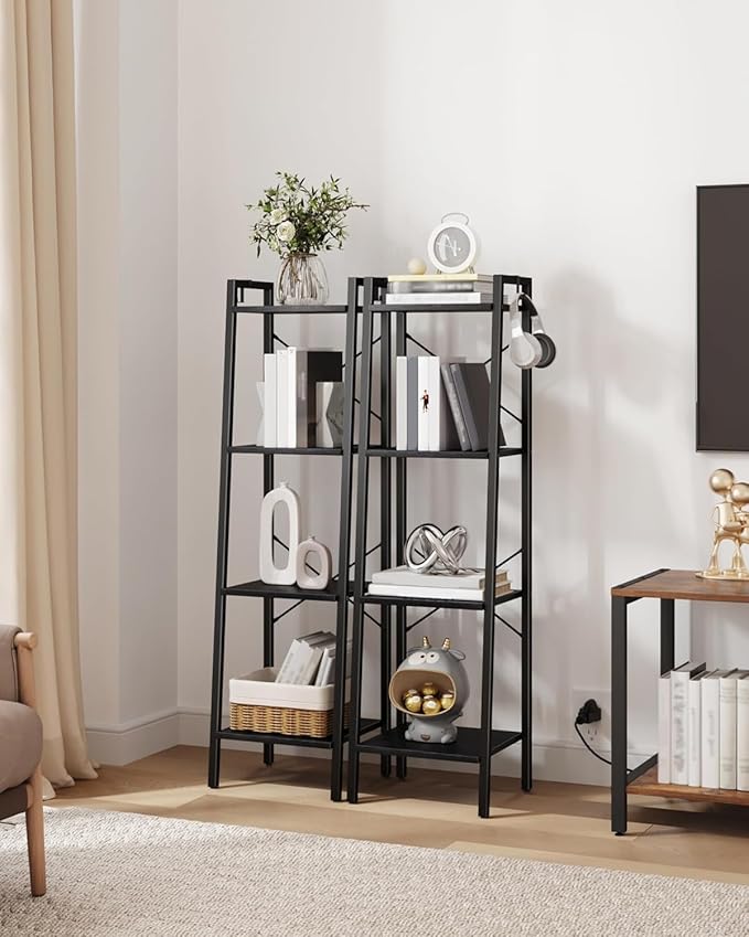 Ladder Shelf, Bookshelf Bookcase, Freestanding Corner Storage Shelve with 2 Hooks for Home Office, Living Room, Kitchen, Bedroom, Industrial, 11.8" D x 13.4" W x 47.2" H, Black BC13204B