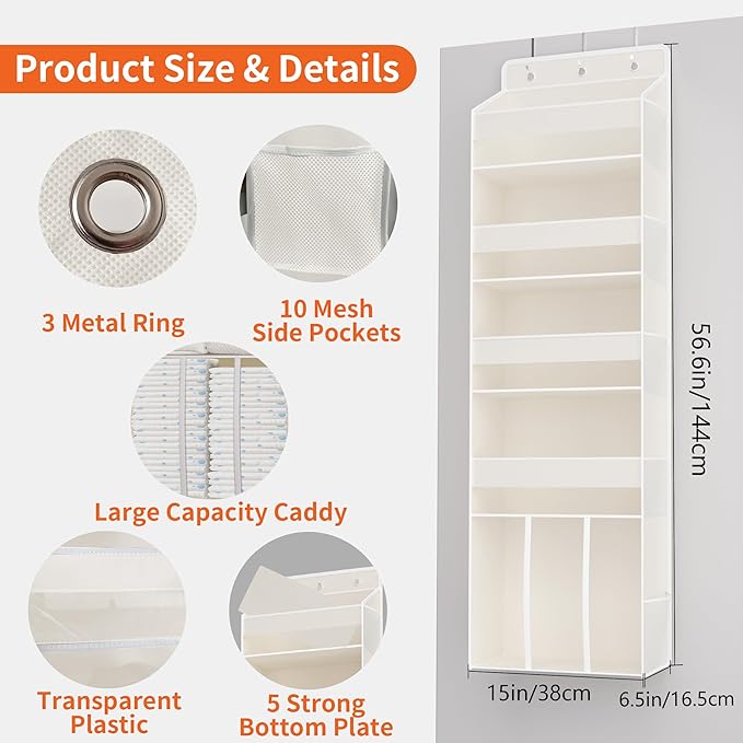 5-Tier Over The Door Organizer with 10 Mesh Pockets | Large Capacity Hanging Closet Storage for Baby Diapers, Toys, Nursery& Newborn Essentials (Beige)