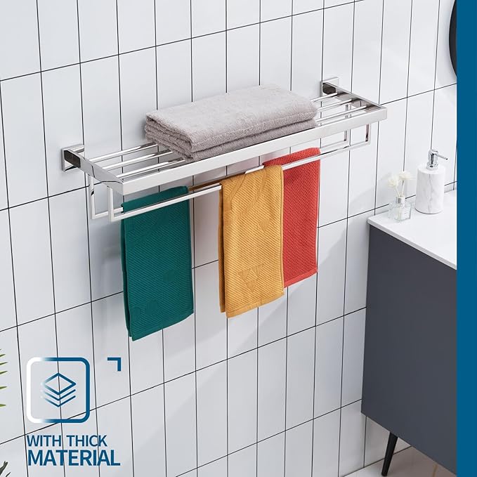 KOKOSIRI 32'' Bathroom Towel Shelf Chrome Towel Rack with Two Bath Towel Bars SUS304 Stainless Steel Wall Mounted, Polished Finish B6003CH-L32