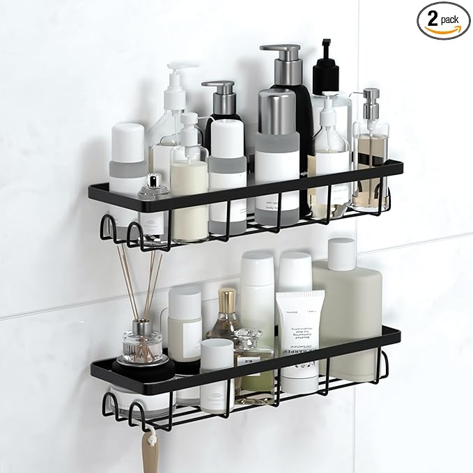 Uninol Shower Caddy Organizer with Hooks,Self Adhesive Bathroom Shelves,No Drilling Bathroom Organizers and Storage,Perfect for RV, Apartment, Home Decor,2 Pack Black