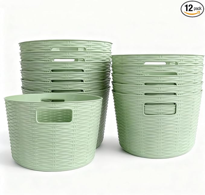 12-Pack Plastic Storage Baskets, Stackable & Nestable Organizer Bins for Toys, Clothes, Home (Green - Circular)