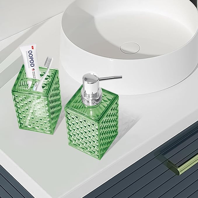 2PCS Green Bathroom Accessories. Contain Soap Dispenser and Toothbrush Holder Set. Boho Bathroom Set for Blue Bathroom Décor