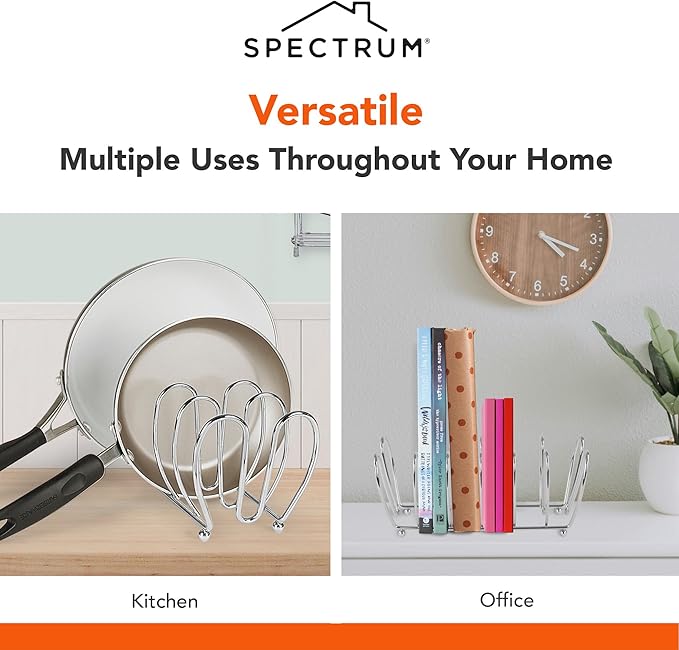 Spectrum Kitchen Cabinet Organizer Rack for Pots Pans and Lids Chrome Metal Holder for Cutting Boards Cookie Sheets and Bakeware Storage 7 Slots Cabinet Shelf Rack