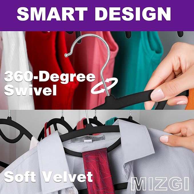MIZGI Premium Velvet Hangers 50-Pack,No Shoulder Bump Hangers W/Tie Bar Ultra Thin Space Saving Non Slip Hanger Heavy Duty Felt Rounded Clothes Hanger for Sweaters,Coat,Jackets,Pants,Shirts