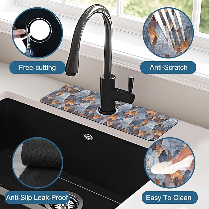 Abstract Mountain Sink Faucet Absorbing Mat Mountain Landscape Super Absorbent Fast Drying Mat Sink Gadgets Behind Faucet Sinkmat for Kitchen Bathroom, 15.5"x5.5"