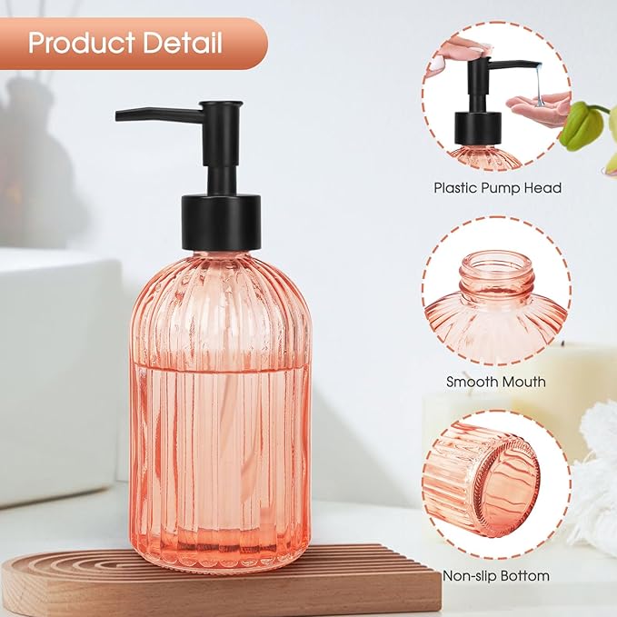 Topsky 2 Pack Glass Soap Dispenser with Black Plastic Pump, 400ml Liquid Hand Soap Dispenser, Rustproof Pump for Kitchen & Bathroom, Great for Lotions, Essential Oil, Liquid Soaps-Pinkish Orange