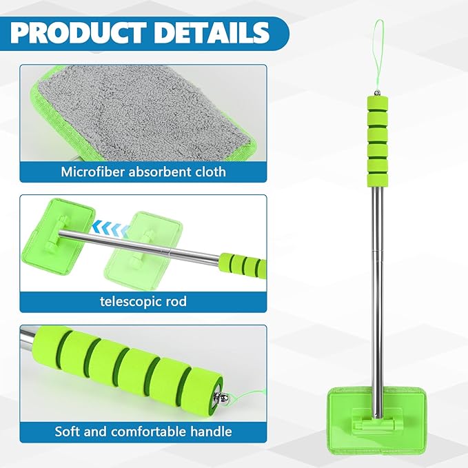 Car Windshield Cleaning Tool, Car Windshield Window Cleaner, Auto Glass Wiper Tool with Extendable Handle & Reusable Microfiber Pad, Universal Vehicle Cleaning Car Accessories (Green)