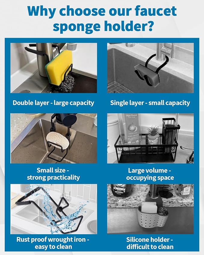 Sink Sponge Holder - Metal Kitchen Sink Faucet Organizer for Sponges, Brushes and Cleaning Tools, Faucet Sponge Holder Hanging Fix Around Faucet (Black)
