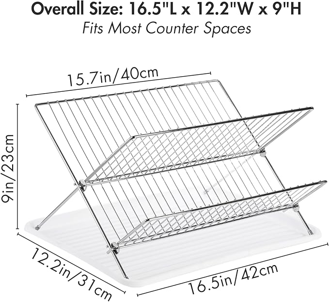 Youeon Foldable Dish Drying Rack with Drip Tray, Stainless Steel 2 Tier Dish Drainer Rack, Collapsible Dish Drainer, Folding Dish Rack for Kitchen Sink, Countertop, Cutlery, Plates, Dishes