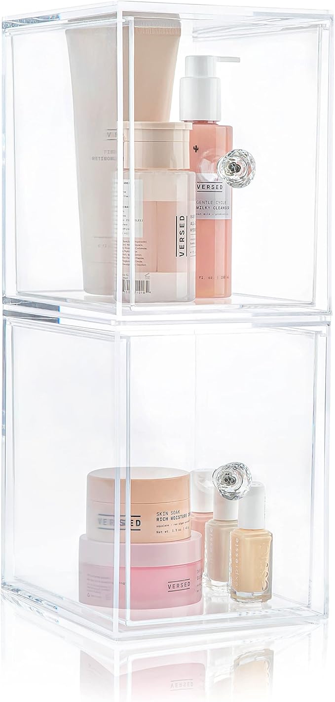 Oizeir Clear Drawer Organizers - Acrylic, Durable, Stackable, Pull-Out Drawer. Great for Medicine, Cosmetics, Makeup and Bathroom Organization. (8" High | 2-PACK)