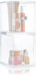 Oizeir Clear Drawer Organizers - Acrylic, Durable, Stackable, Pull-Out Drawer. Great for Medicine, Cosmetics, Makeup and Bathroom Organization. (8" High | 2-PACK)