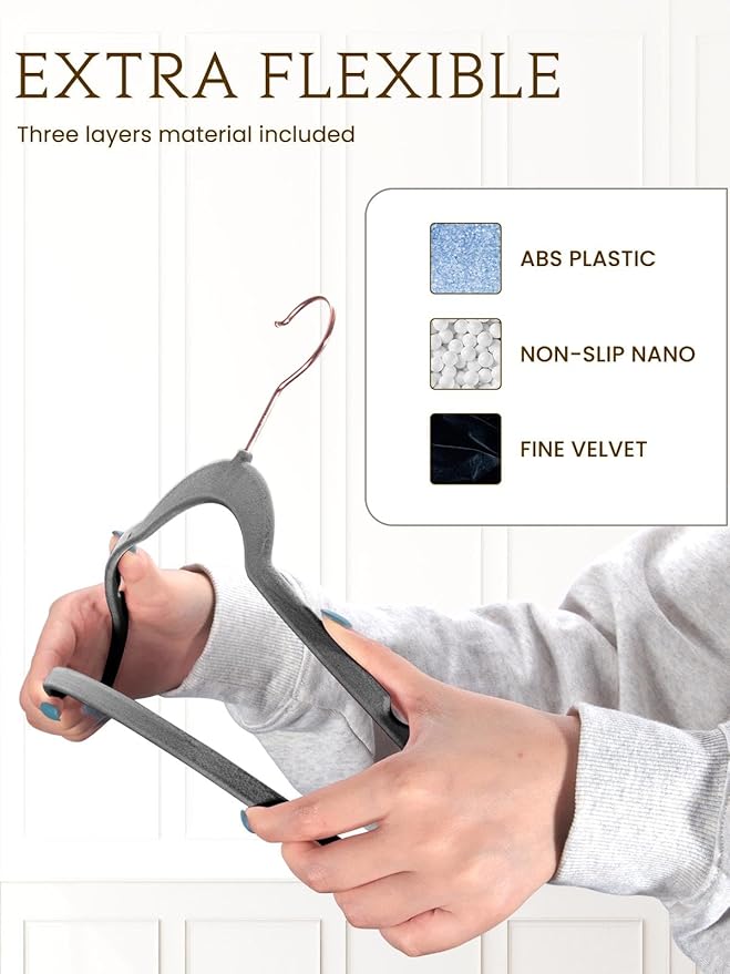 Smartor Grey Velvet Hangers 50 Pack, Non Slip Clothes Felt Hanger Heavy Duty for Coat, 360° Rotating Rose Glod Hook, Premium Slim Space Saving Hangers for Closet Organizer and Storage