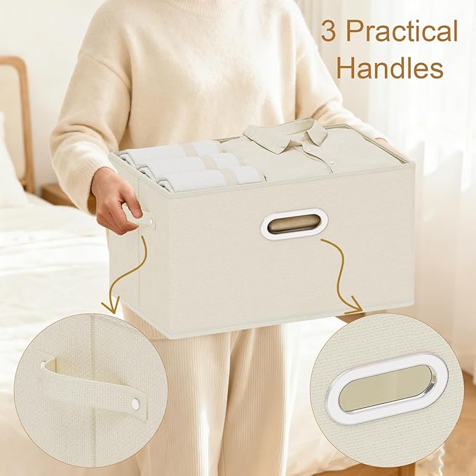 Foldable Cloth Basket with 3 Handles, Decorative Open Storage Boxes, Stackable Cube Organization, Fabric Bins for Shelves, Closet, Living Room, 13x9.1x7.9in, Beige, 2 Pack