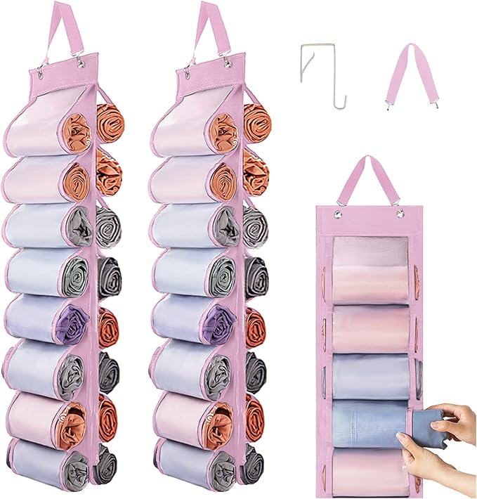 Legging Organizer Storage, 2PCS T Shirt Organizer, Foldable Hanging Closet Organizer Storage with 16 Roll Independent Compartments for Yoga Pants, Tank Top, Towel, Underwear (Pink)