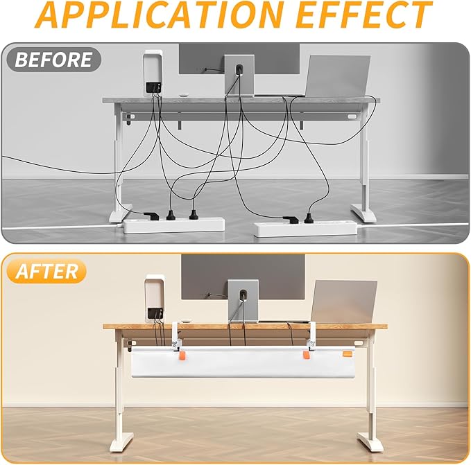No Drill Under Desk Cable Management Tray, 36" Cord Organizer with Clamp, Fabric Cable Management for Standing Desks, Ideal for Home & Office - White