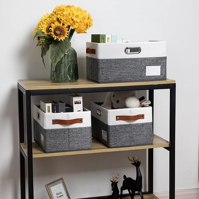 PRANDOM Larger Foldable Storage Bins with Handles [3-Pack] Fabric Collapsible Storage Boxes Baskets Cubes Containers with Handles for Closet Living Room Bedroom (Grey & White 17.3x12.2x10.4')