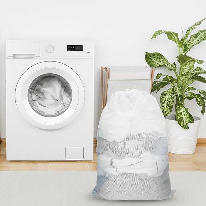 QWORK Mesh Laundry Bag, 4 Pack 24" x 36" Machine Washable Travel Laundry Bags for Laundry, College Dorm, Laundromat Outdoor Activities, White
