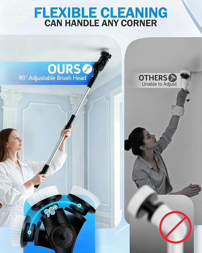 Electric Spin Scrubber, 3-Speed Cordless Shower Scrubber with Long Handle & 10 Replaceable Brush Heads, 90 Mins Runtime & Full-Body IPX7 Waterproof Shower Cleaner Brush for Bathroom Kithchen