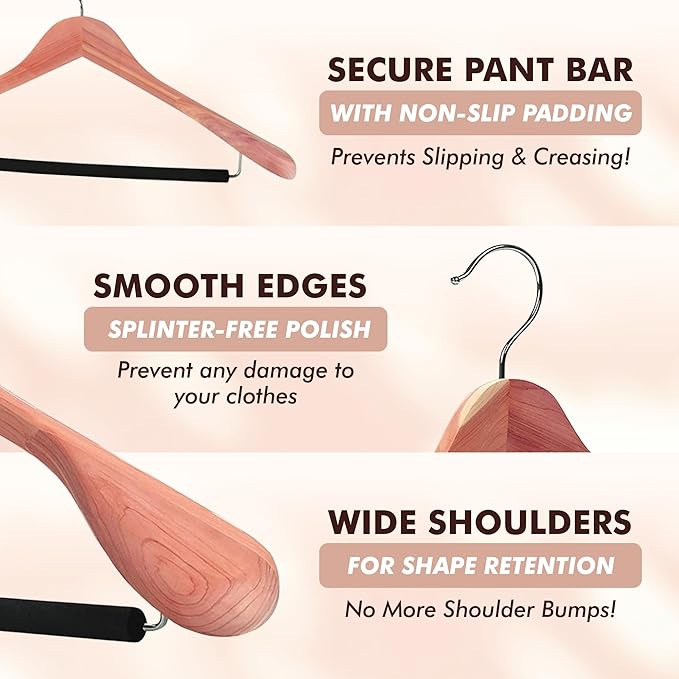 DEILSY™ Cedar Hangers for Closet - 5 Pack Extra Wide Wooden Hangers for Suits, Coat, Dress, Jacket, Clothes Storage - Non Slip Foam Padded Pant Bar with 360° Swivel Hook, Aromatic American Cedar Wood