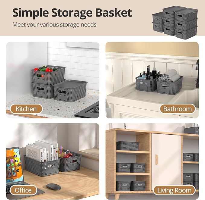 Plastic Storage Basket with Lids, Stackable Small Box Bins for Organizing and Containers for Shelves Drawers Desktop Closet Playroom Pantry Classroom Office Home, 8 Pack 10.2x7.2x4.1 Inch, Gray