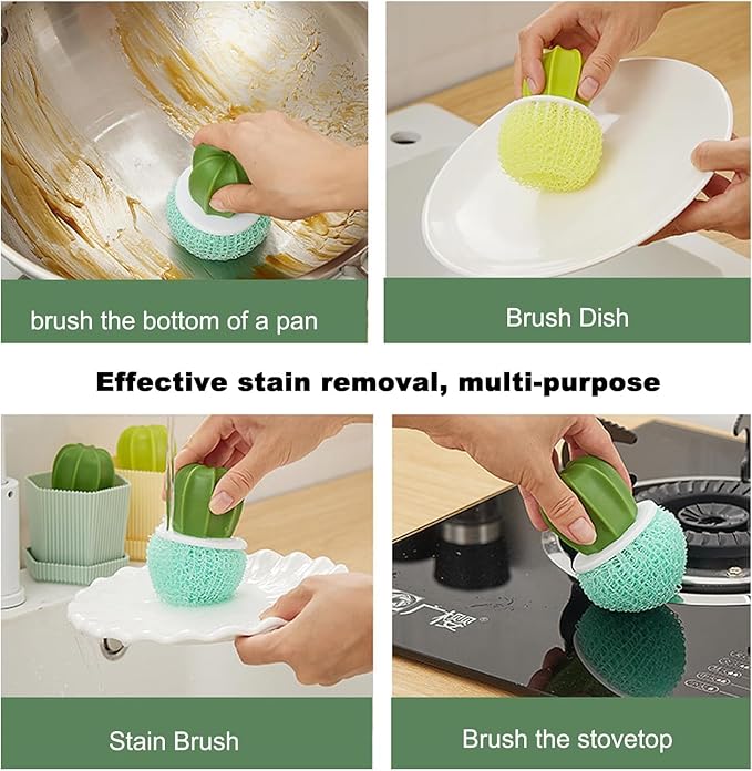 Kitchen Cleaning Brush Set with Holder & Drip Tray – 3 Head Cactus Scrub Brush, Row Brush, Mini Dish & Pot Brushes – Durable Multi-Purpose Scrubbers for Sink, Pans, Plates, Cups (Yellow)